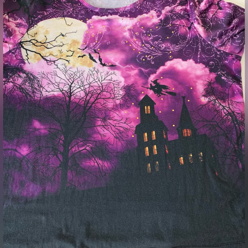 Holiday Traditions Purple Spooky Witch on a Broom Full Moon Long Sleeve Top XL - Picture 7 of 9